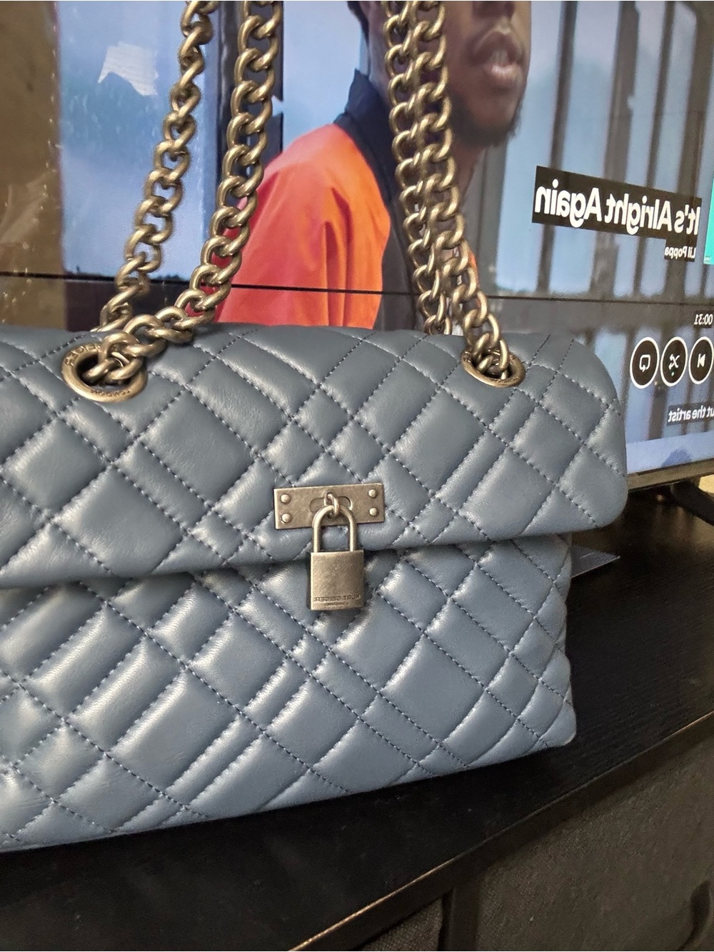 Kurt Geiger Quilted Shoulder Bag in Slate Blue with Gold Chain